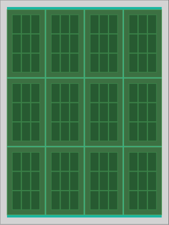 18 x 24 panel with twelve 3 x 3 PCB arrays totaling 108 parts at 46.7% utilization after reducing part width from 1 to 0.934 inches