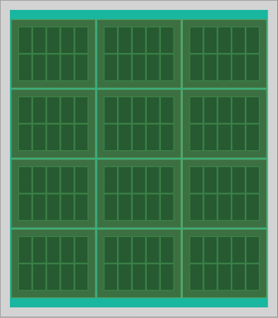 21 x 24 panel with twelve 5 x 2 PCB arrays totaling 120 parts at 47.6% utilization (optimized)